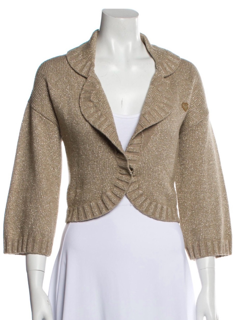 Moschino Beige Metallic Cropped Ruffle-Trim Cardigan